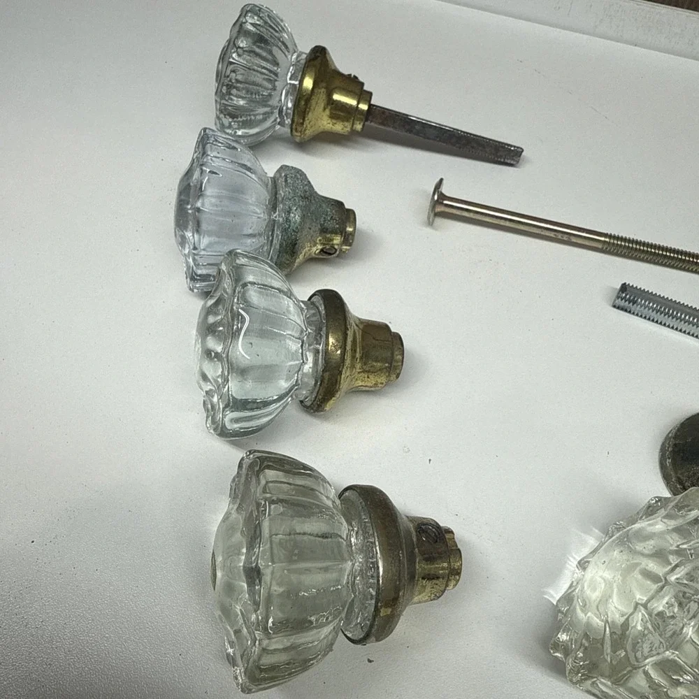 Vintage Glass Door Knob Set w/ Brass Ferrules (Barn Find, Clear Crystal Style)
